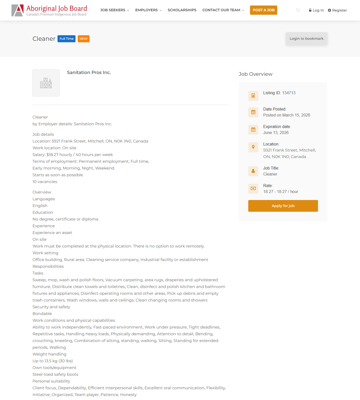 Aboriginal Job Board Cleaner 공고 상세 상단 스크린샷