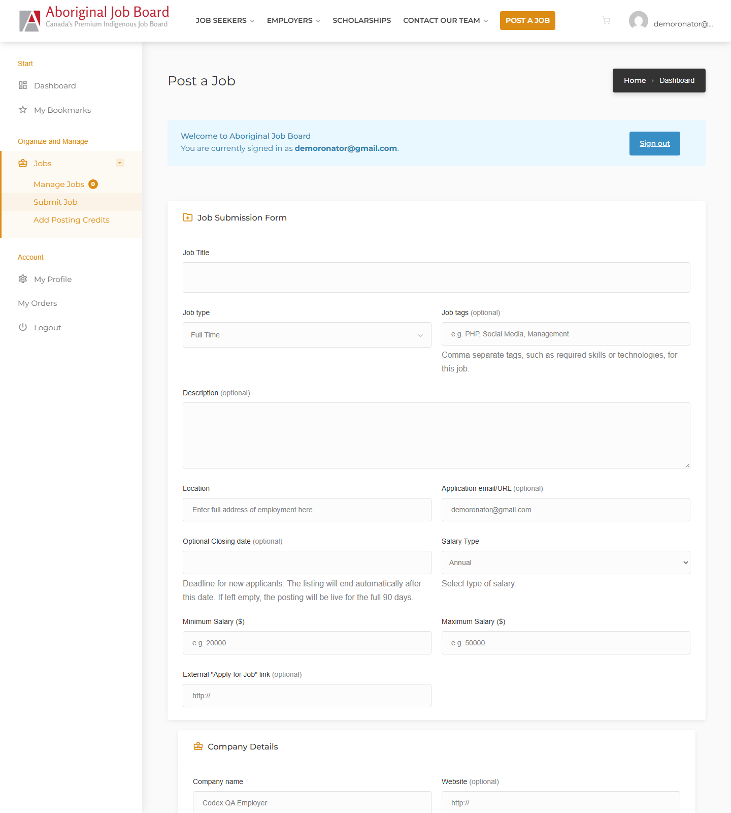 Aboriginal Job Board Post a Job 상단 스크린샷