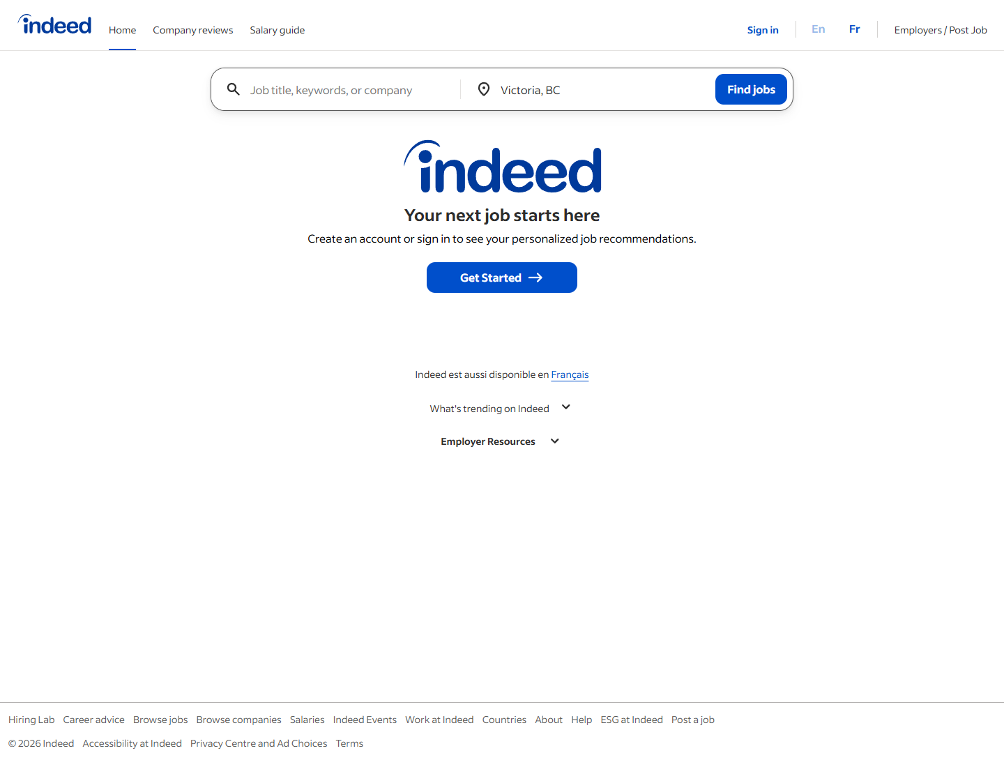 Indeed Canada 홈 상단 스크린샷