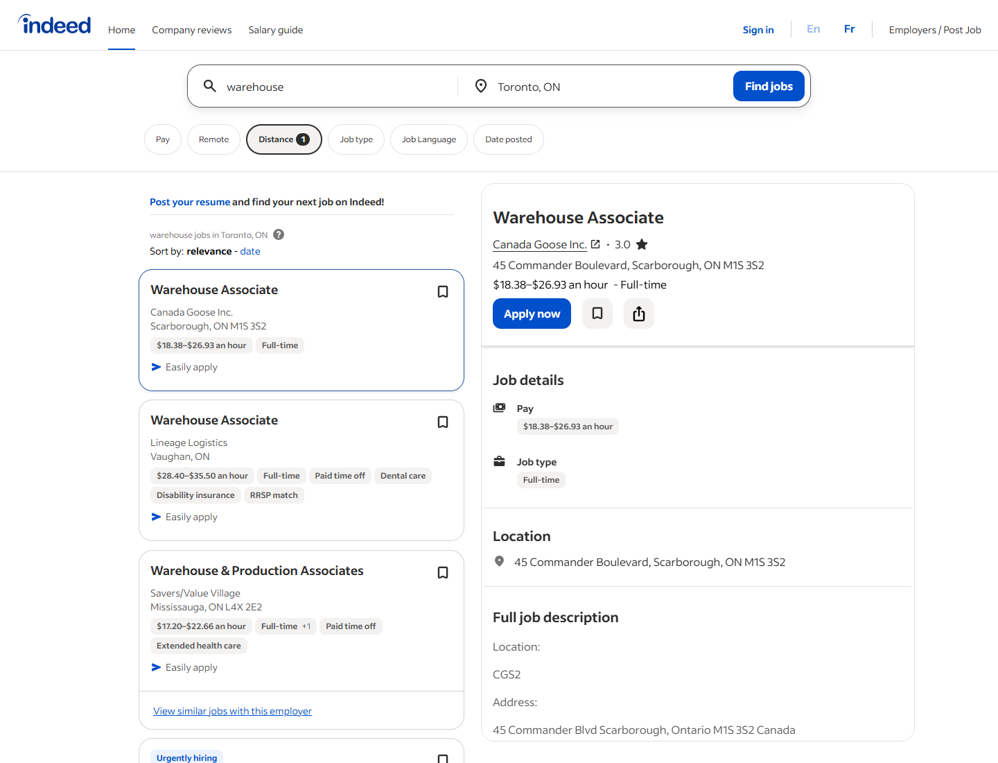 Indeed 검색 결과 상단 스크린샷