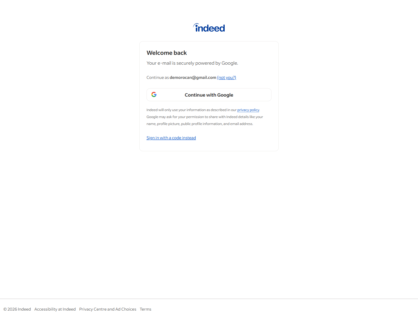 Indeed 로그인 후 Google-linked account 선택 화면