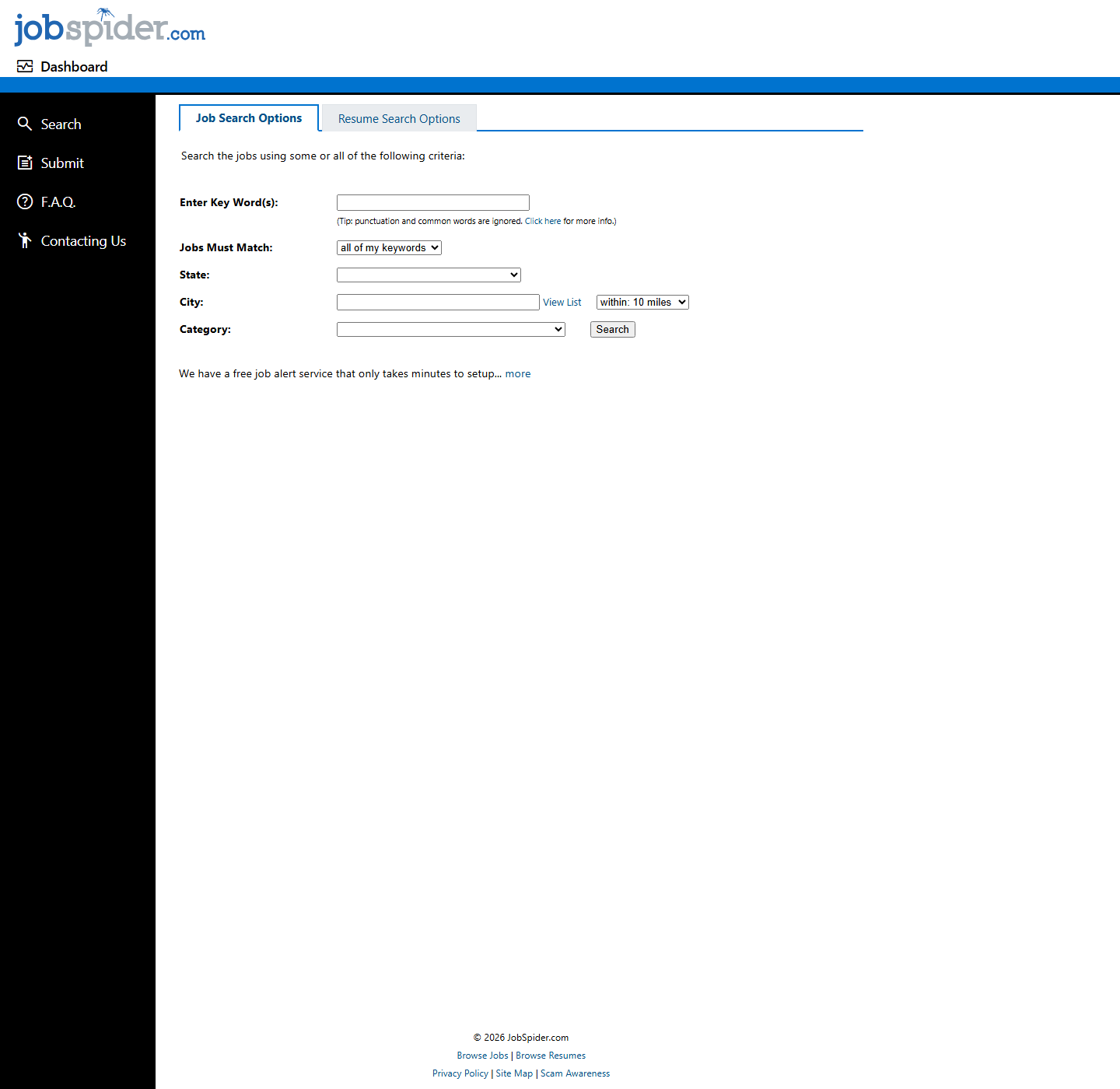 JobSpider Job Search 상단 스크린샷