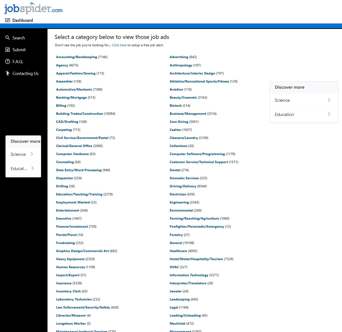JobSpider Browse Jobs 상단 스크린샷