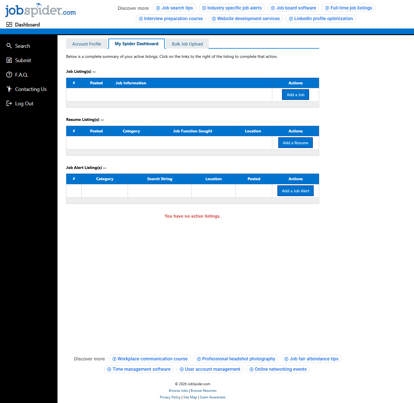JobSpider Dashboard 상단 스크린샷