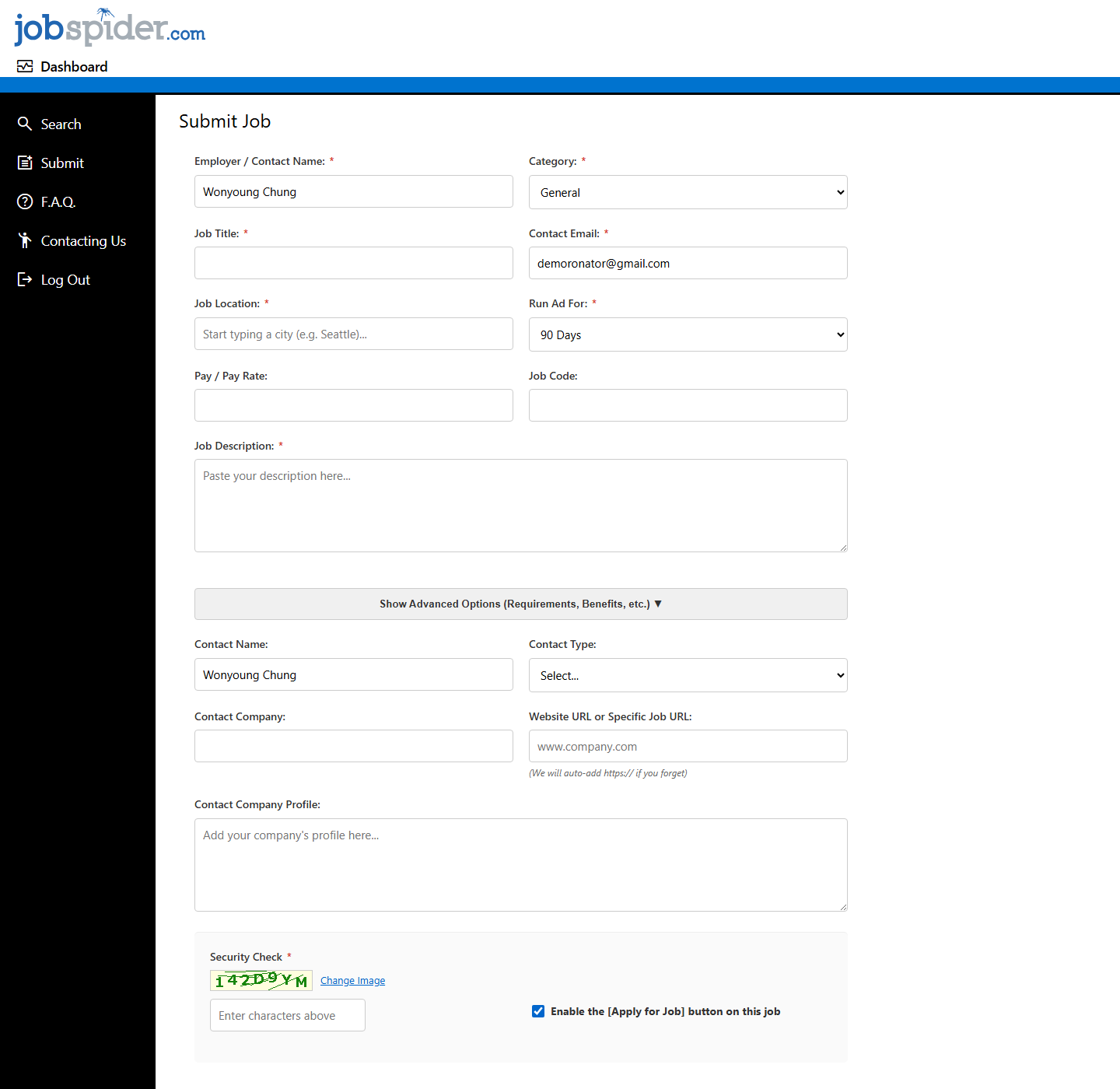 JobSpider Submit Job 상단 스크린샷