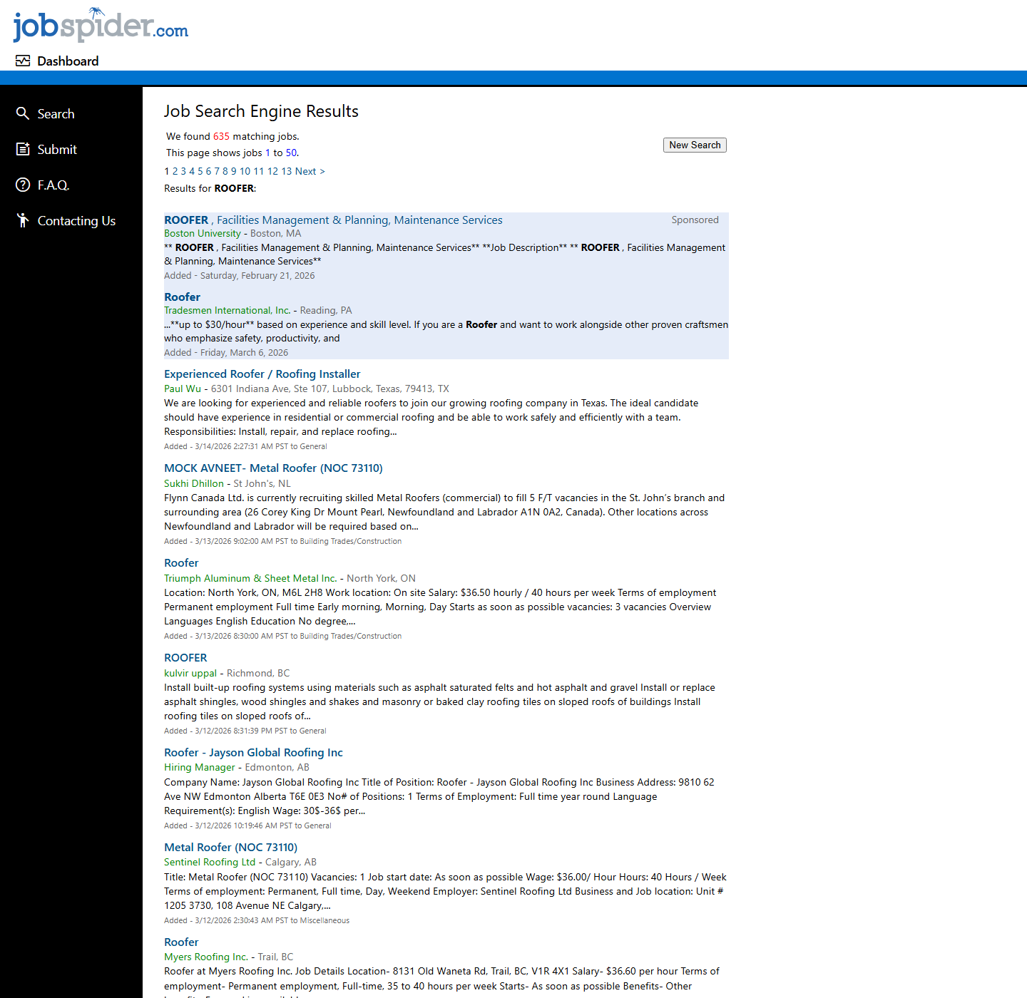 JobSpider roofer 검색 결과 상단 스크린샷