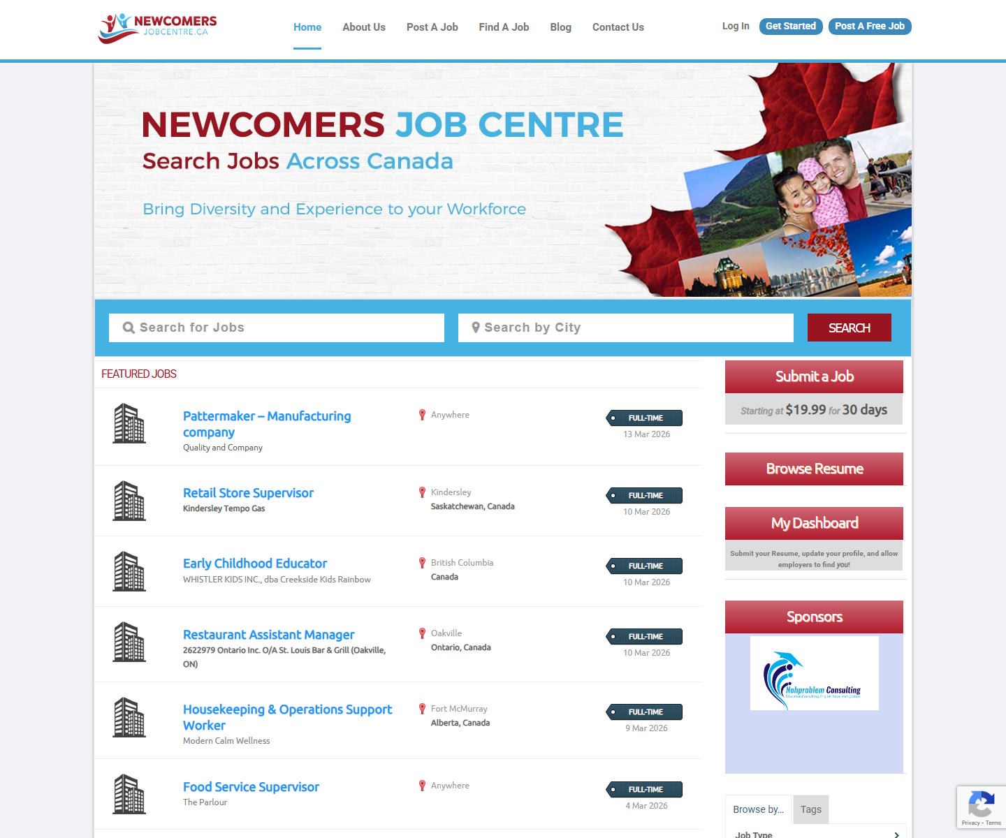 Newcomers Job Centre 홈 화면 상단 스크린샷