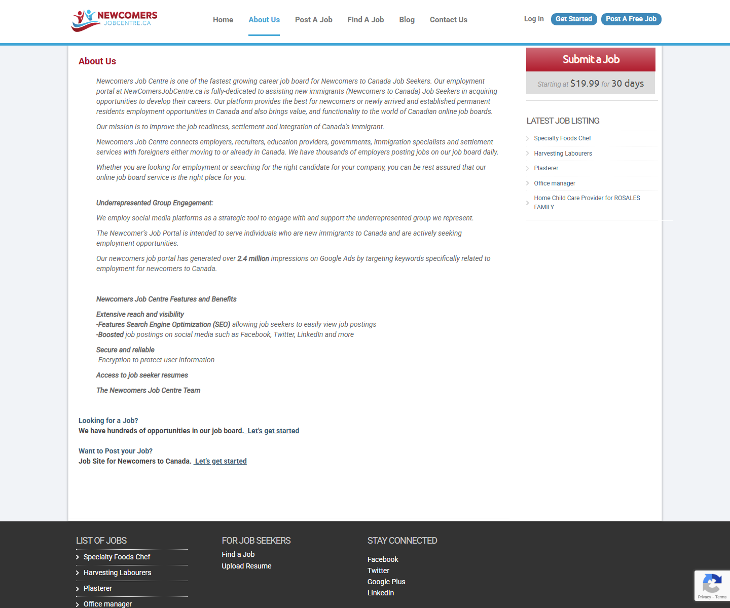 Newcomers Job Centre About Us 상단 스크린샷