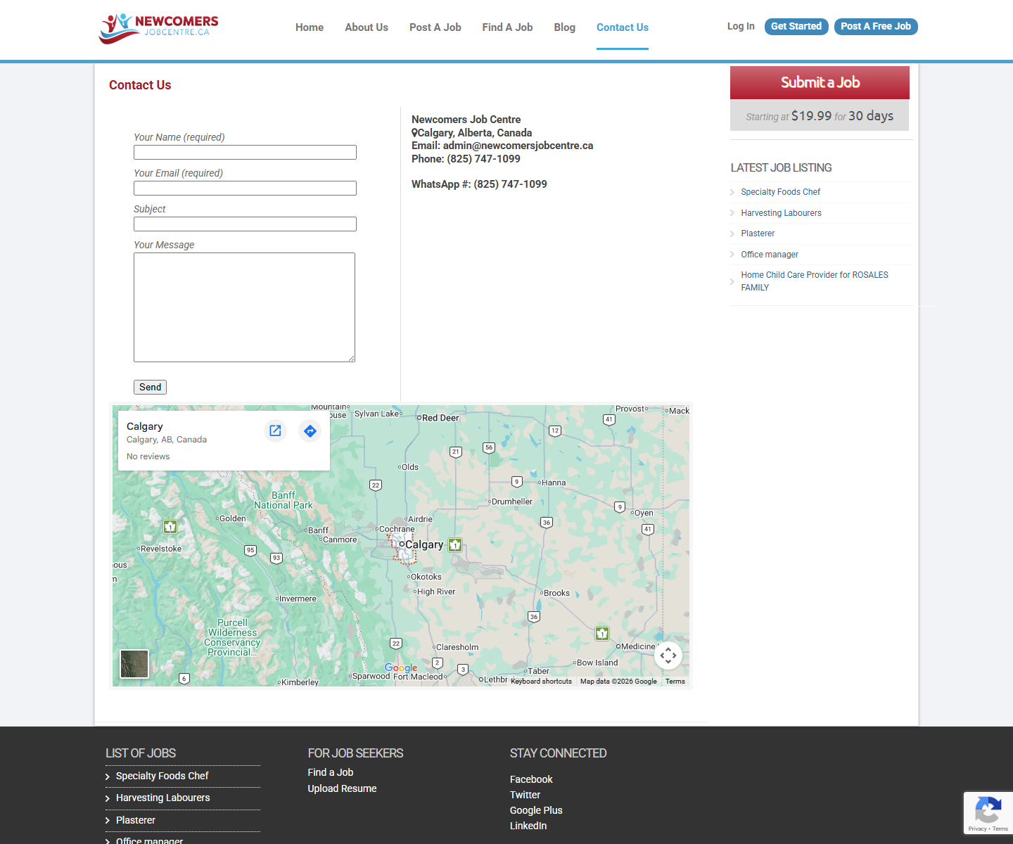 Newcomers Job Centre Contact Us 상단 스크린샷