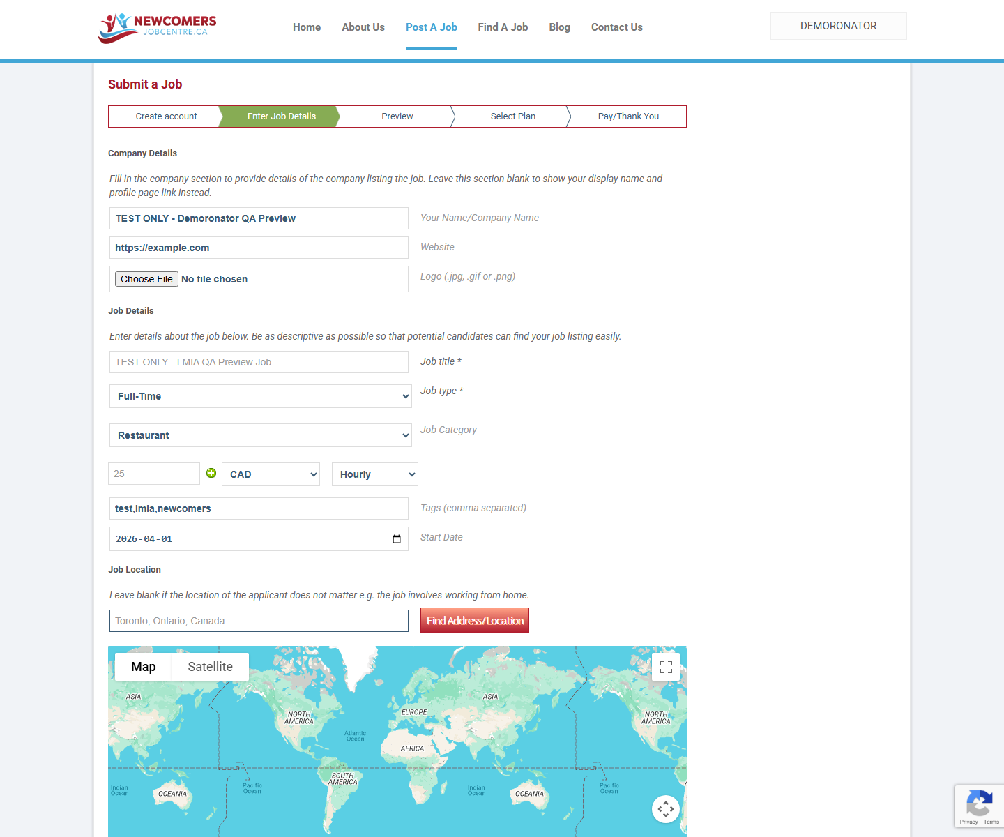 Newcomers Job Centre 고용주 작성 폼 상단 스크린샷