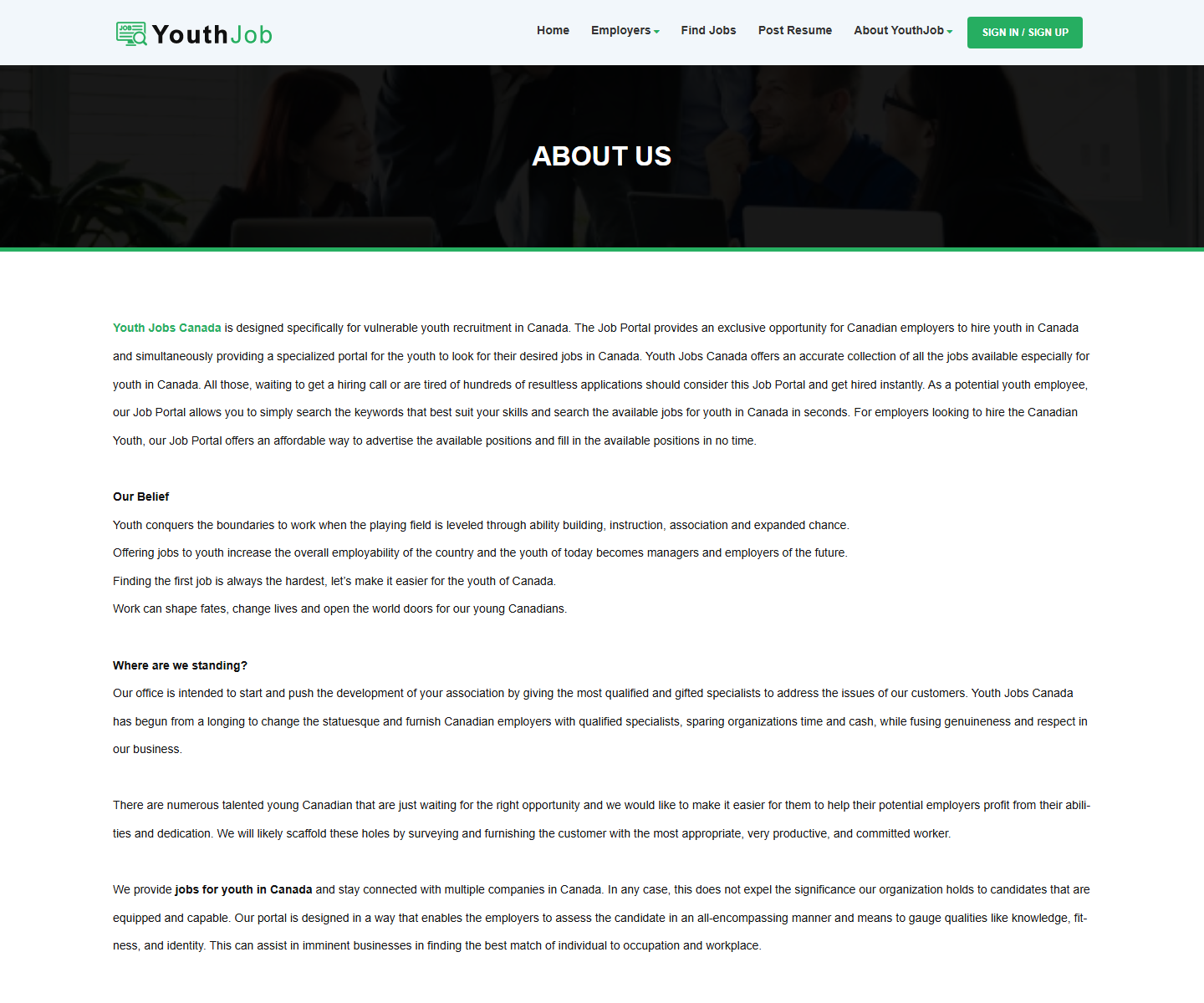 YouthJob About Us 상단 스크린샷