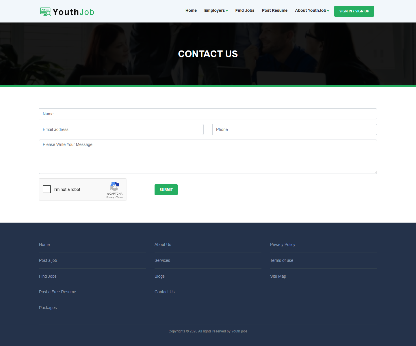 YouthJob Contact Us 상단 스크린샷