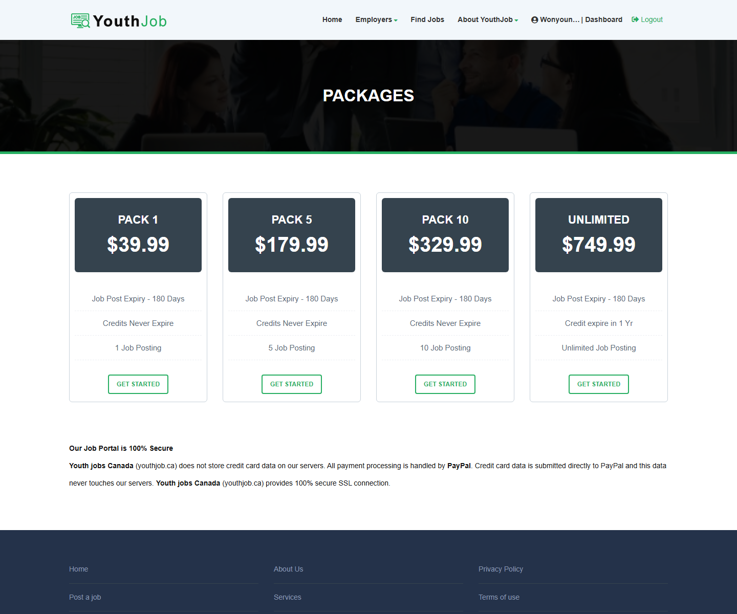 YouthJob Packages 상단 스크린샷